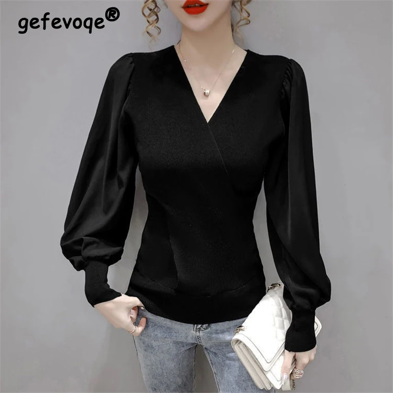 Women V Neck Long Sleeve Elegant Knitwear Office Lady Chiffon Patchwork Blouses Korean Style Solid Slim Basic Pullover Knit Tops