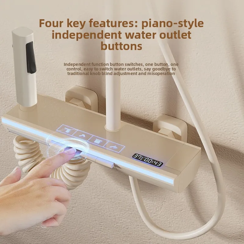 Ivory Ambient Light Brass Thermostatic Shower Set Digital Display Piano Key Showerhead Bathroom Shower Head and Handle Set - view 3