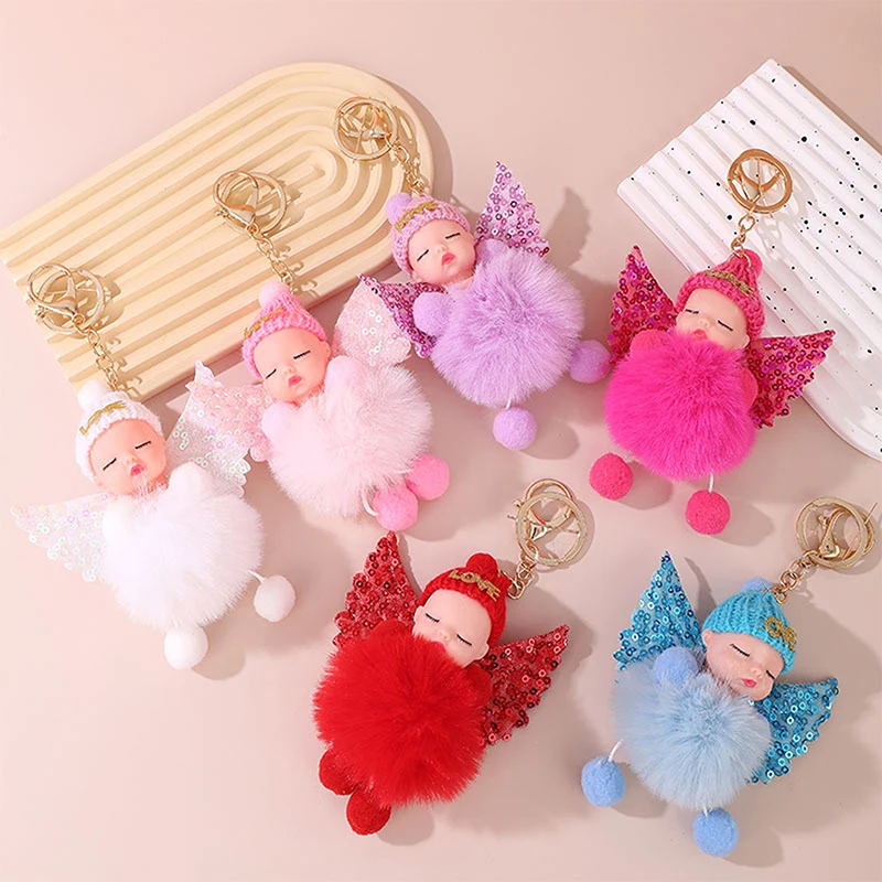 Pluche Pluizige Pompom Slapende Baby Pop Sleutelhanger Met Pailletten Vleugels Sleutel Ophangende Houder Tas Voor Dames Meisjes Mode Sieraden Cadeau