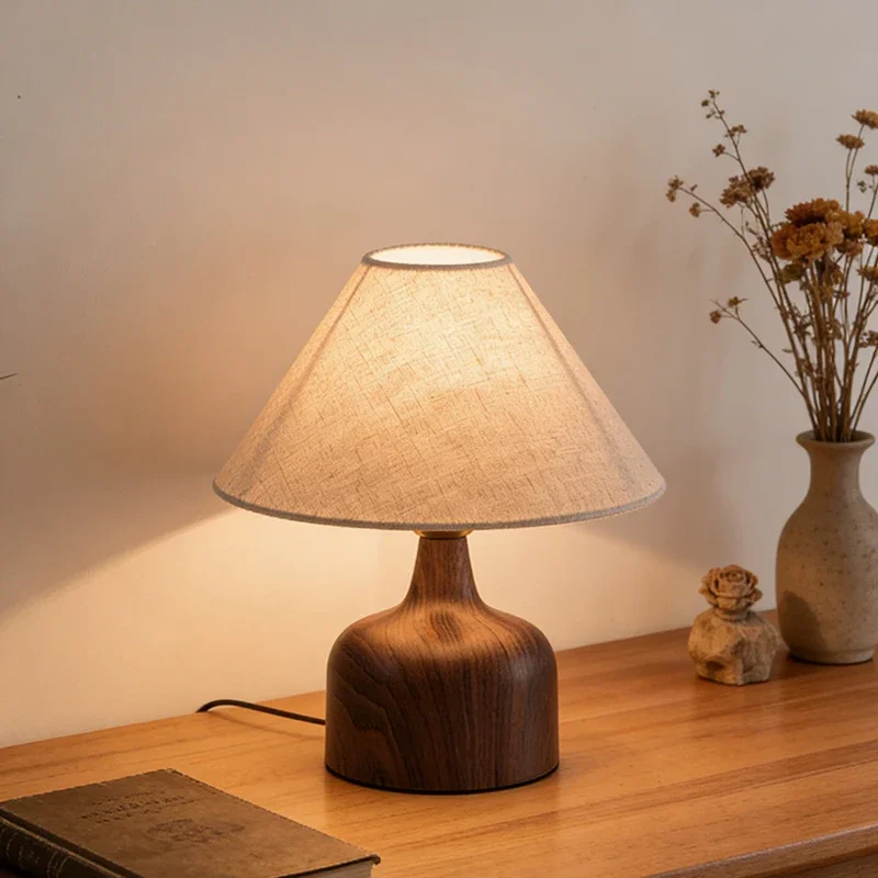Nordic Wooden Texture Table Lamp Iron Frame Fabric Shade LED Table Lighting Fixtures Decorative Desk Light for Home Office