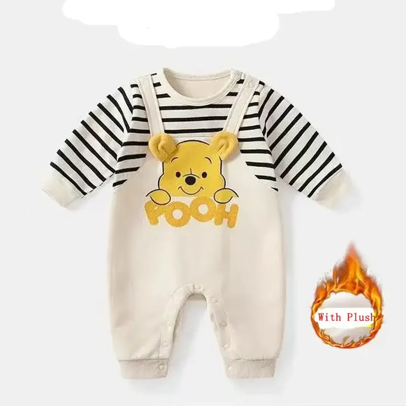 Spring Winter Newborn Baby Boys Rompers Cartoon Winnie Pooh Print Long Sleeve Jumpsuit Cotton Keep Warm Kids Girl Outfit Clothes