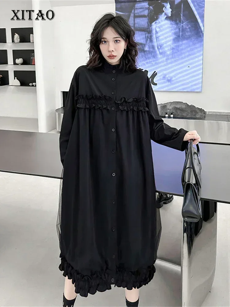 

XITAO Women Dress Pullover Black Ruffle Single Breast Patchwork Pocket Goddess Fan Casual Style Loose Dress 2024 ZY8158