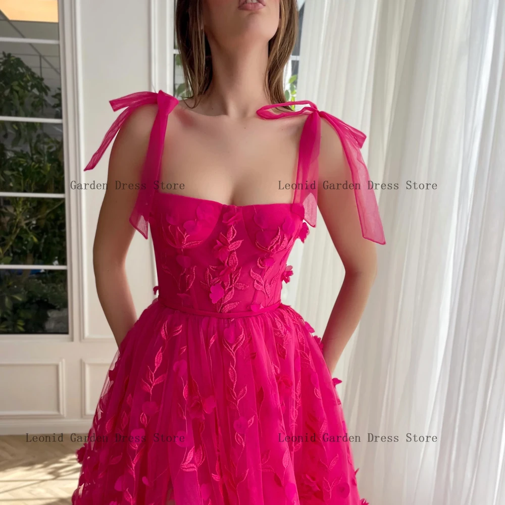 Fuchsia Spaghetti Strap Prom Dresses Flowers Party Gowns Applique A-Line Evening Dress High Slit Floor Length فساتين السهرة