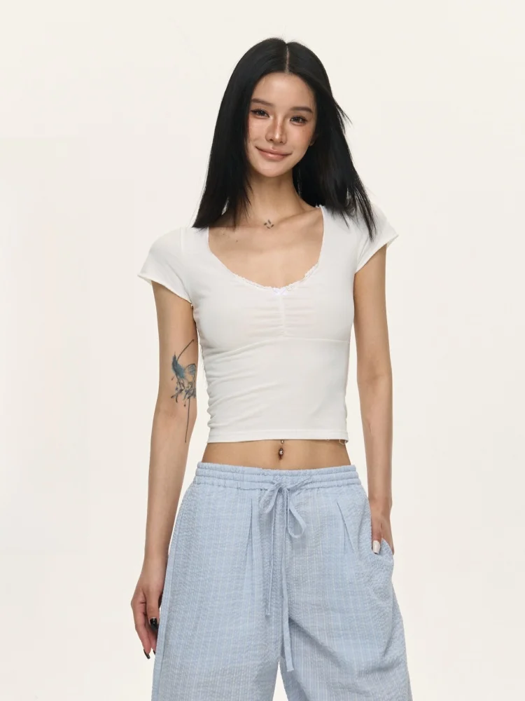 

Nova B Lace Trim Knot V Ne ort Sve Women's Slim Fit ort T irt Summer Casual Sle Pure Color Sweat ng