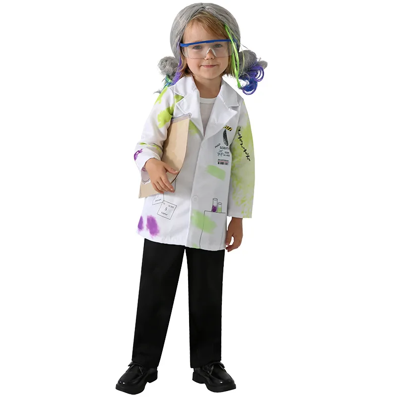 Girls Mad Scientist Costume Boys Crazy Scientist Halloween Costume Purim Party Cosplay with Glasses Wig