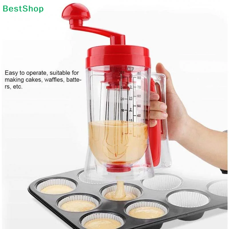 ☪Hand Crank Batter Mixer Dispenser,Manual Pancake Cupcake Batter Dispenser with Measuring Scale Baking Tool