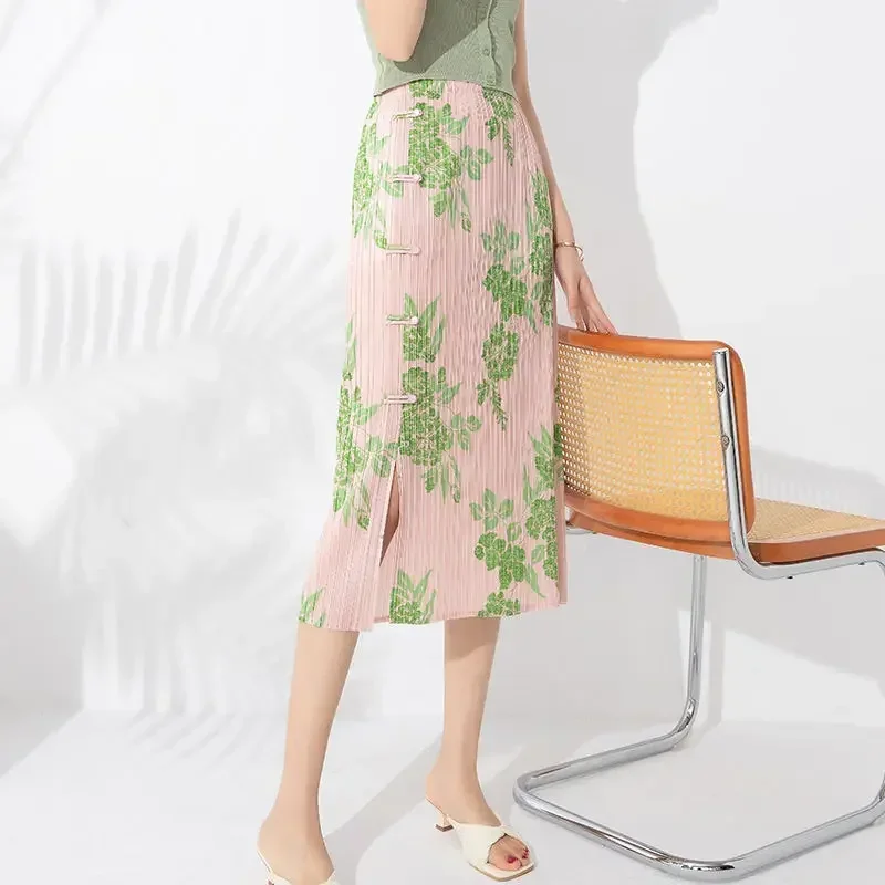 Demi-jupe fendue à boucle de Style chinois pour femmes, imprimé froissé, nouveau sac polyvalent, jupe plissée suspendue aux hanches, été 2025