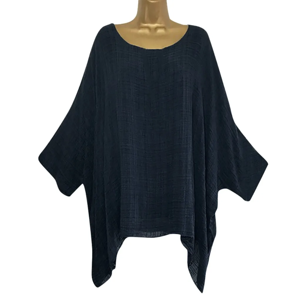 Womens Ladies Casual Plus Size Loose Cotton Linen Solid Color Tops Shirt Blouse