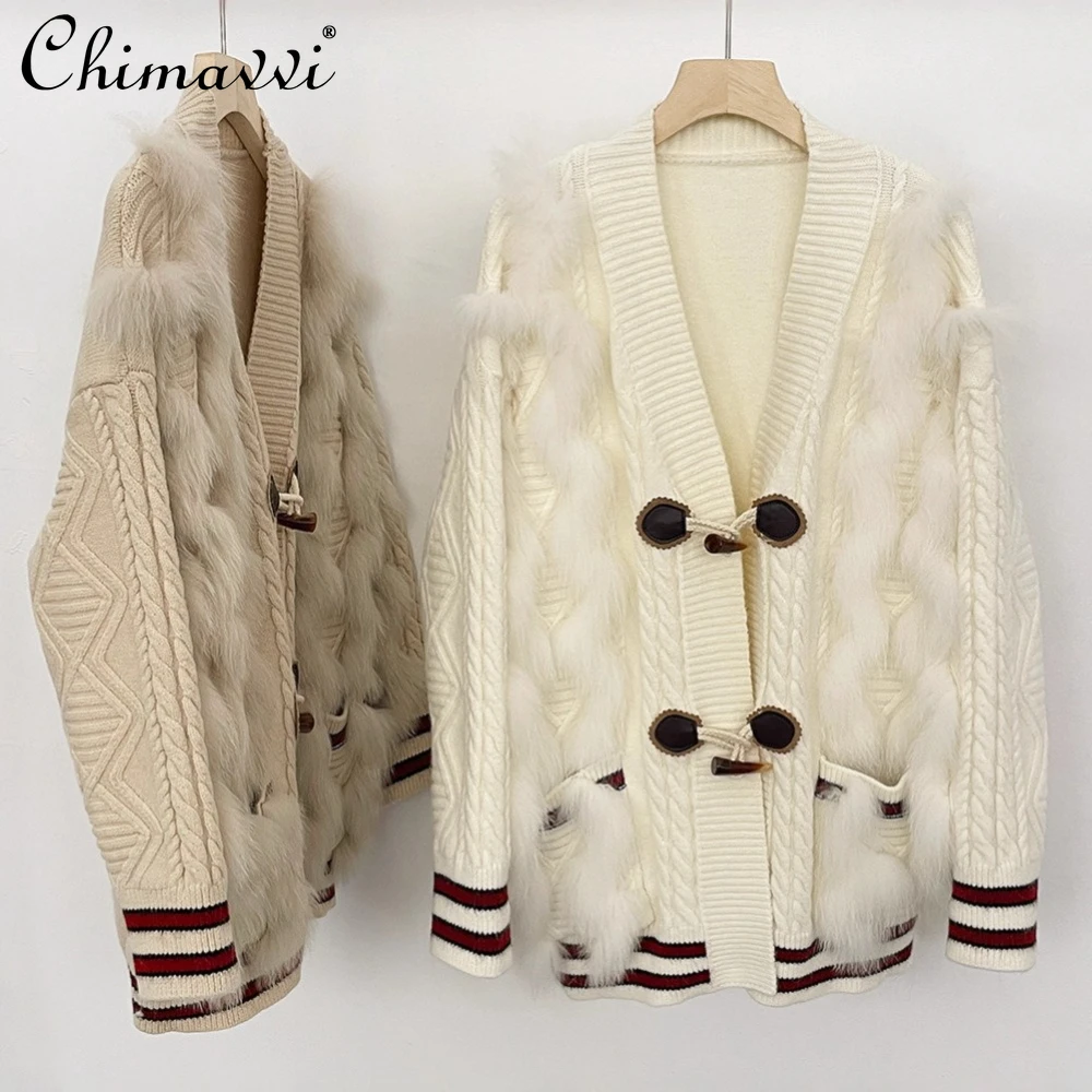 

Корейский стиль, модный повседневный свитер на пуговицах с рогами, v-образным вырезом и длинными рукавами, карман, меховой лоскутный вязаный кардиган, куртка для женщин, осень