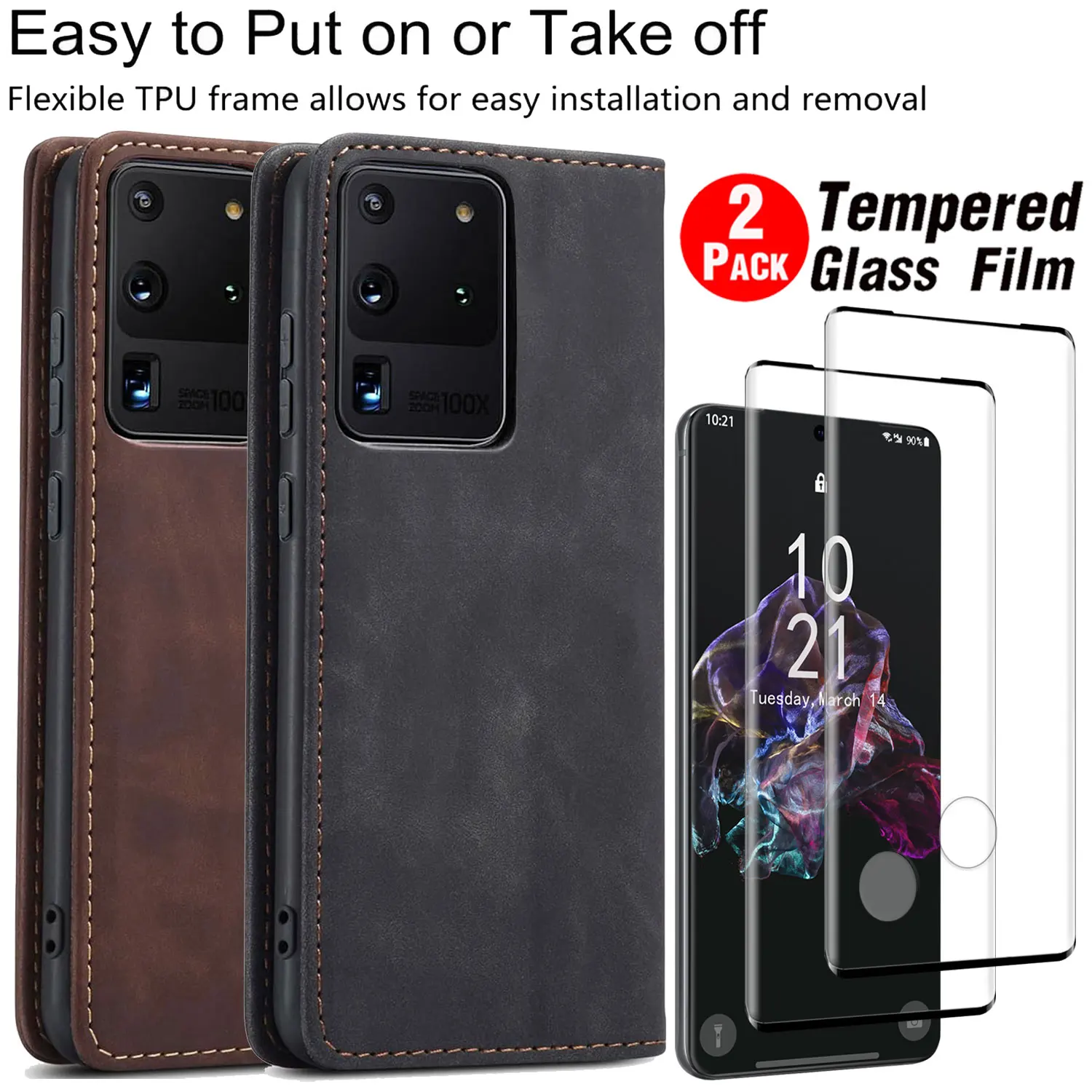 

For Samsung For Galaxy S20 FE/Plus/Ultra Faux Leather Case Wallet Stand Flip Cover +2PCS Clear Tempered Glass Screen Protector