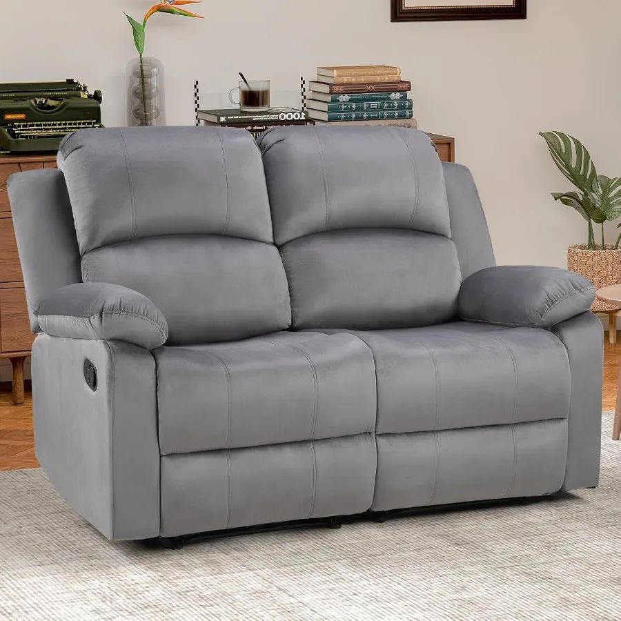 Living Room Manual Loveseat Recliner Sofa, Soft Microfiber, Gray, Overstuffed Arms and Back, Double Seat Comfort Design