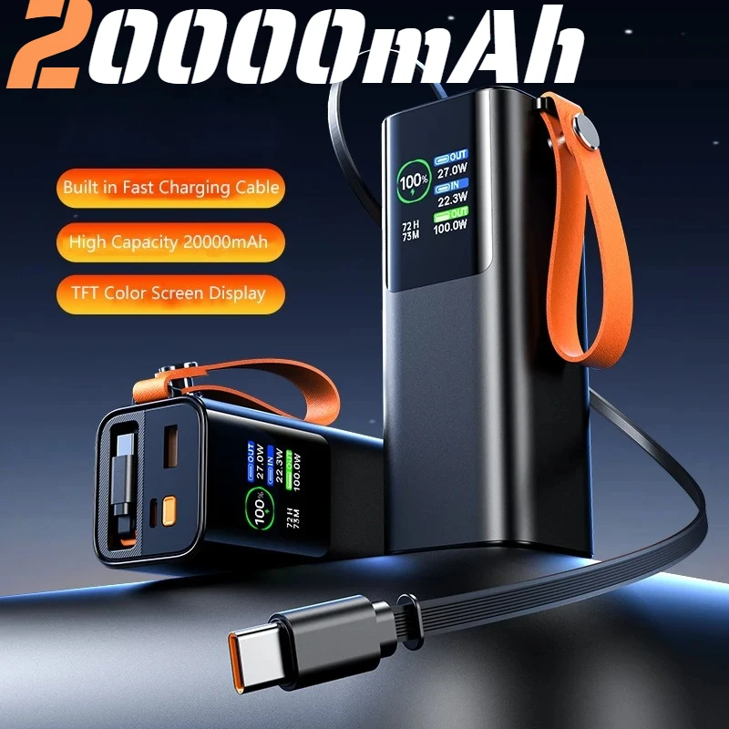 

Power Bank 20000mAh 100W Fast Charger for Laptop Charger for iPhone Samsung With Telescoping Cable Flashlight Lanyard Battery