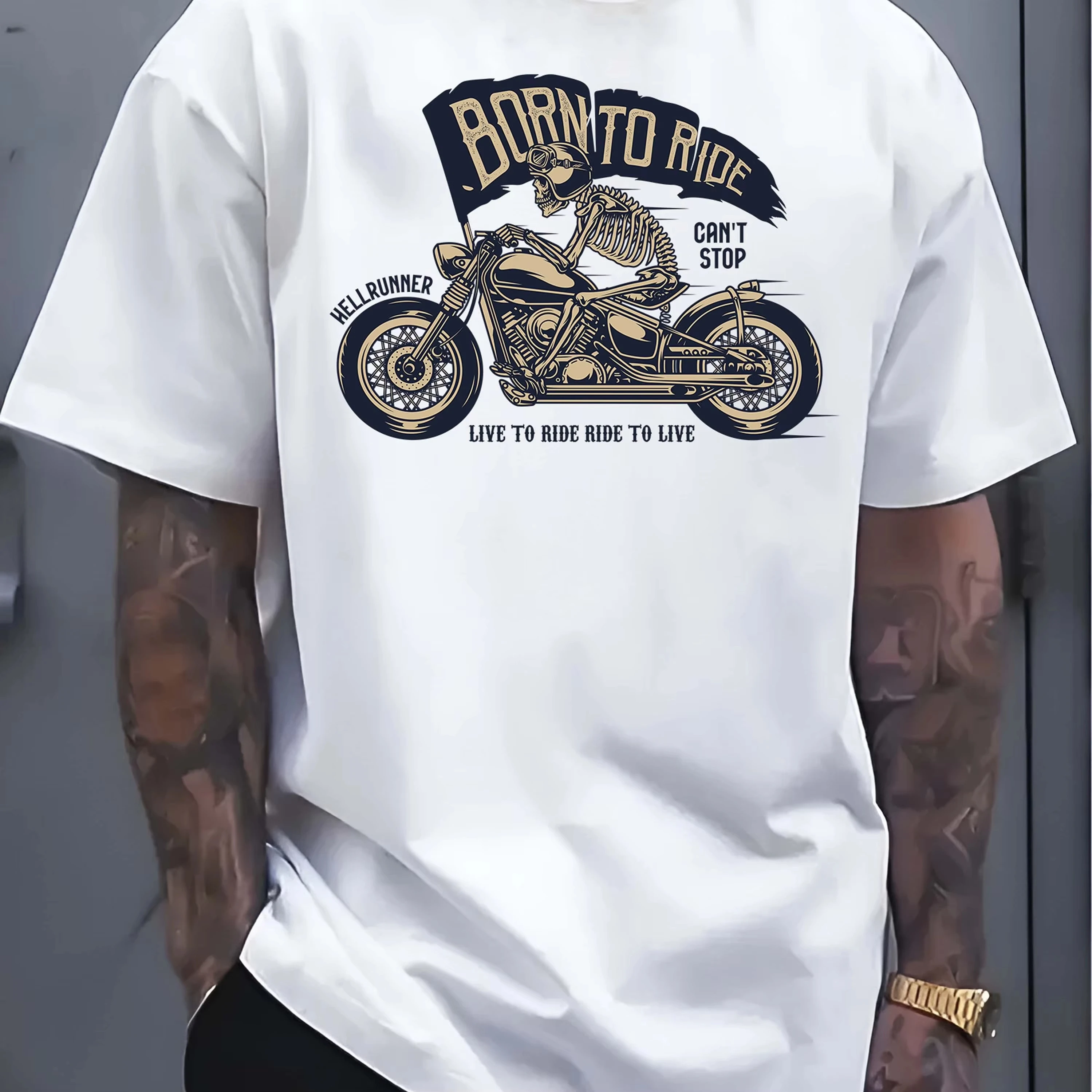 Retro Pin Up Bone Rider Chopper Ribbon Slogan Print White T-shirt Men Old School Tattoo Loose Oversized Short Sleeve Tees Unisex