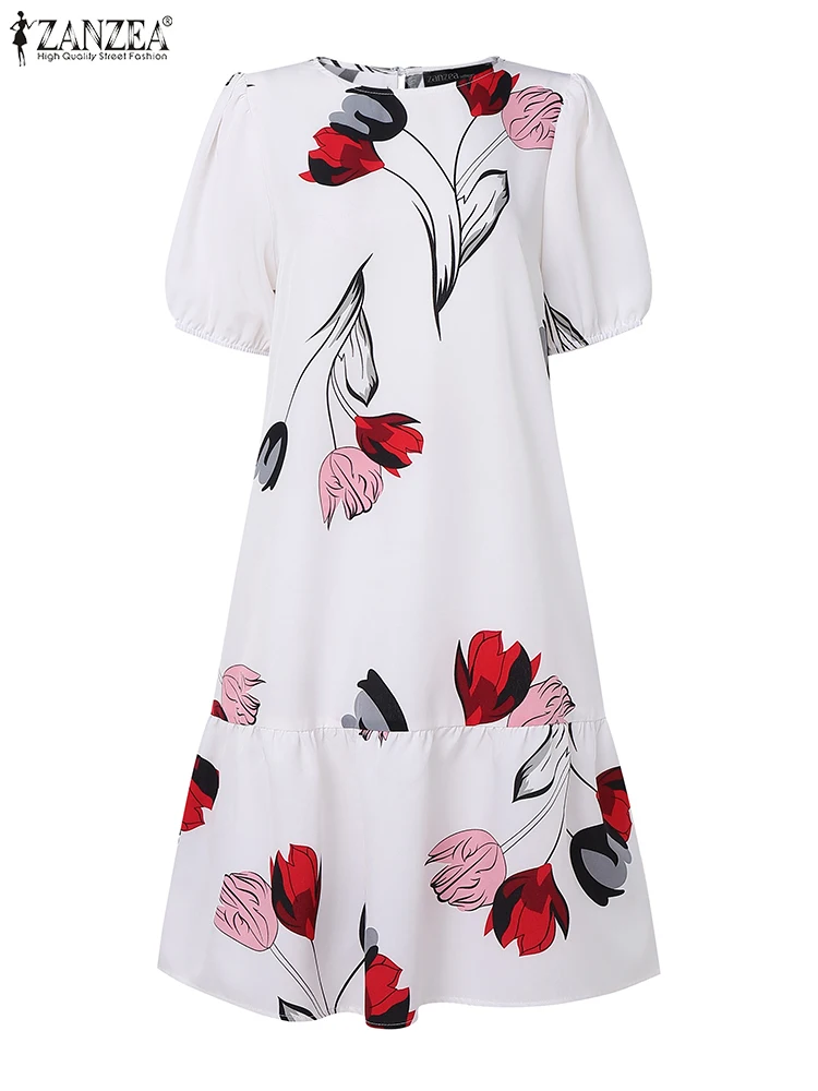 فساتين نسائية أنيقة مُزينة بطباعة 2025 ZANZEA فستان مناسبات صيفي غير رسمي برقبة دائرية للعمل بطول الركبة فستان صيفي أنيق للحفلات
