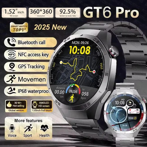 2025New GT6 Pro reloj inteligente hombres HD AMOLED pantalla GPS trayectoria de movimiento ritmo cardíaco Bluetooth llamada 1,52 ""SmartWatch IP68 impermeable