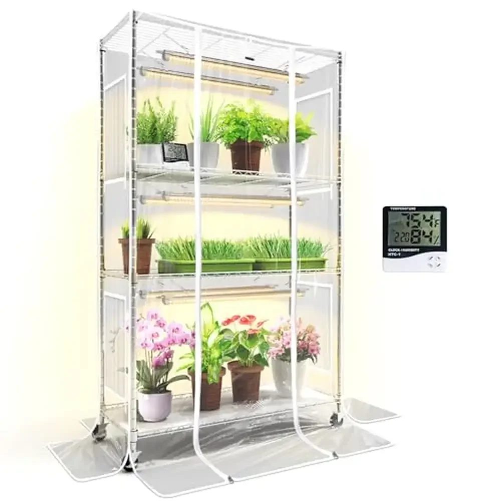 Indoor Greenhouse with 4-Tier Metal Plant Stand Full Spectrum Grow Light Clear Cover Seed Starting Kit with Thermohygrometer