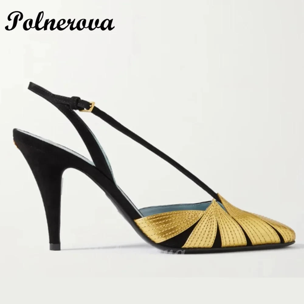 Gold Leaf Decor Sandals Pointed Toe Stiletto High Heels Pumps Novelty Designer Elegant Ladies Party Heels Zapatos Para Mujere