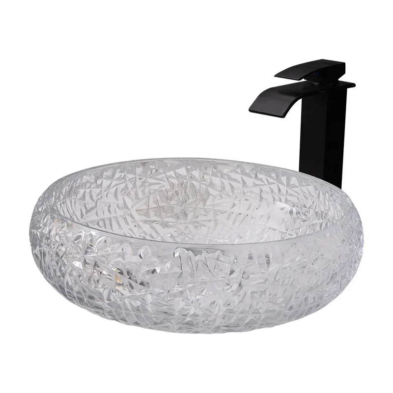 41cm Crystal Transparent Round Countertop Sink Glass Hand Wash Basin Bathroom Washbasin  Vessel Bowl With Faucet Set