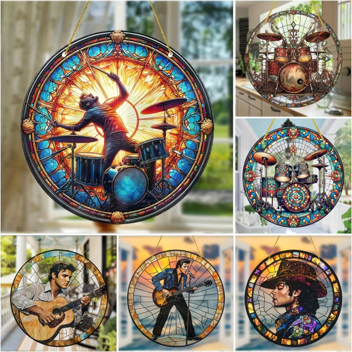 Guitarist Drum Kit Sun Catcher-Round Acrylic Music Themed Translucent Wall Art,Home,Garden,Cafe Bar Decor,Gift for Enthusiasts