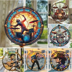 Guitarist Drum Kit Sun Catcher-Round Acrylic Music Themed Translucent Wall Art,Home,Garden,Cafe Bar Decor,Gift for Enthusiasts