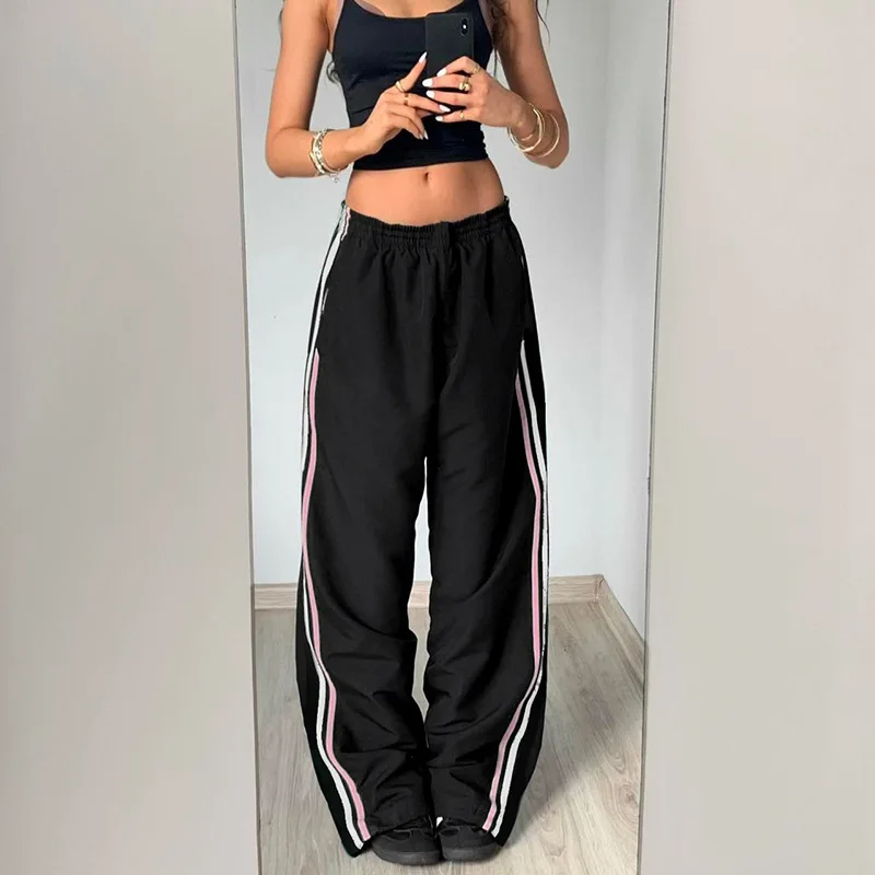 Lilac XN Y2K Black Elastic Waist Loose Sports Pants  Fashion Summer Pants Long Trousers  Streetwear