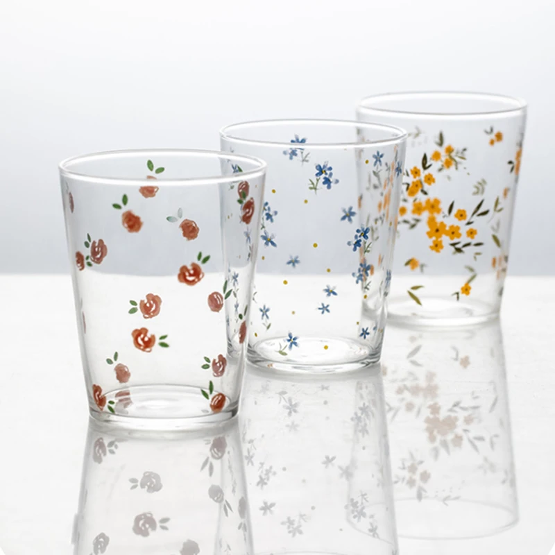 400Ml Floral Prints Glass Cup Heat-Resistant Coffee Yogurt Cup Teenage Simply Milk Breakfast Cup Green Leaf Print Cup