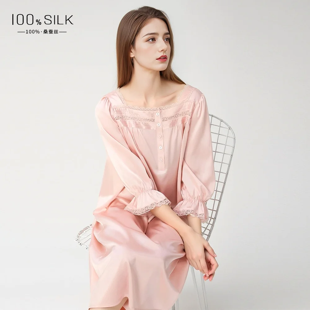 Women's Silk Nightdress, French Square Collar Princess Dress, 100% Mulberry Silk Loungewear, Cool Bubble-sleeve Nightdress