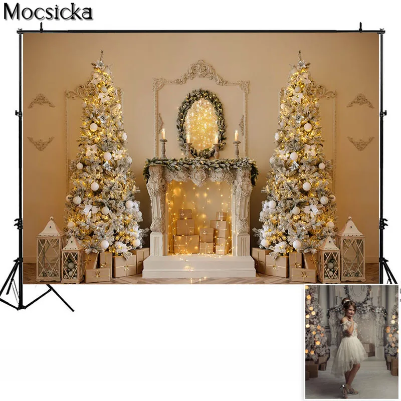 크리스마스 가족 초상화 사진 배경 창 벽난로 크리스마스 트리 선물, 아기 아이 파티 배경 포토콜 사진 스튜디오