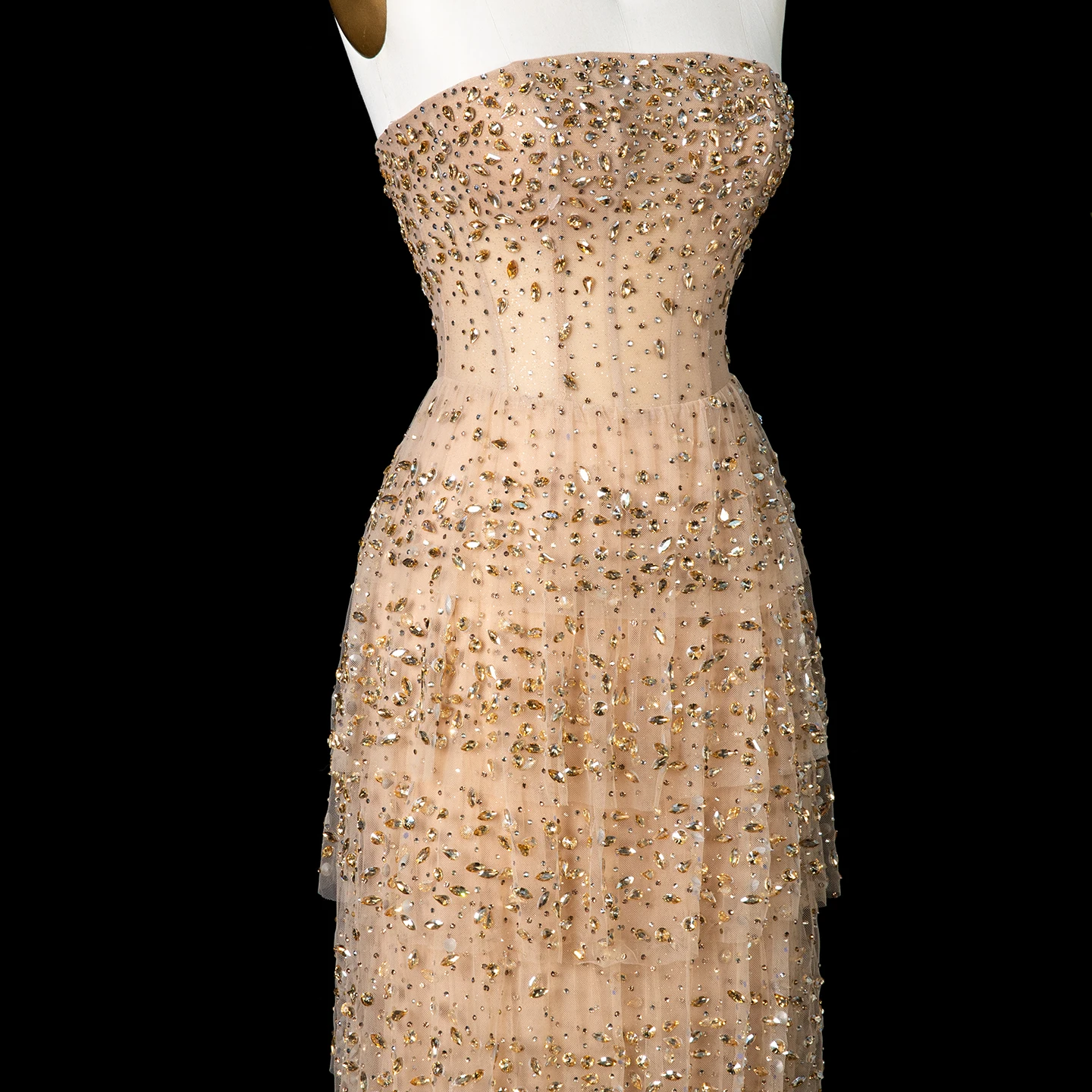 Sharon Said Luxuriöses Champagner-Abendkleid, Kristallverziertes Meerjungfrauenkleid aus Tüll für formelle Anlässe, SS720, Maßanfertigung – Detail 6