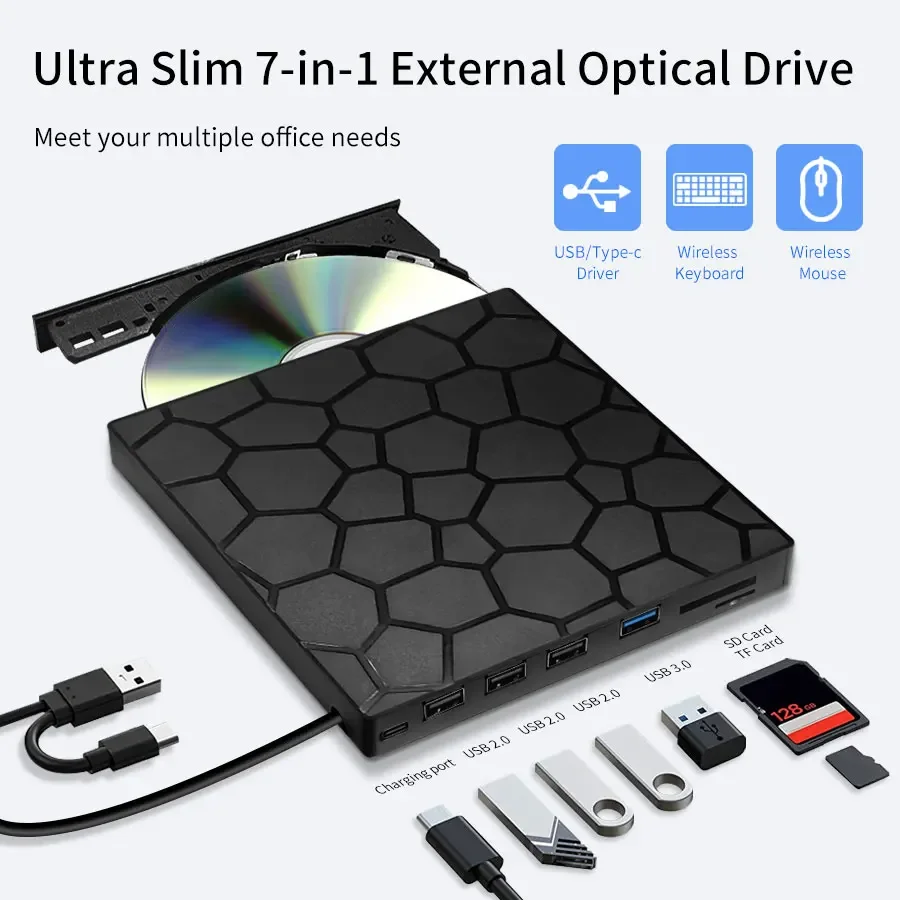 

External CD/DVD Drive 7 in 1 USB 3.0 Type-C Portable DVD Player CD Burner External Disk Drive for Desktop Mac Windows Linux