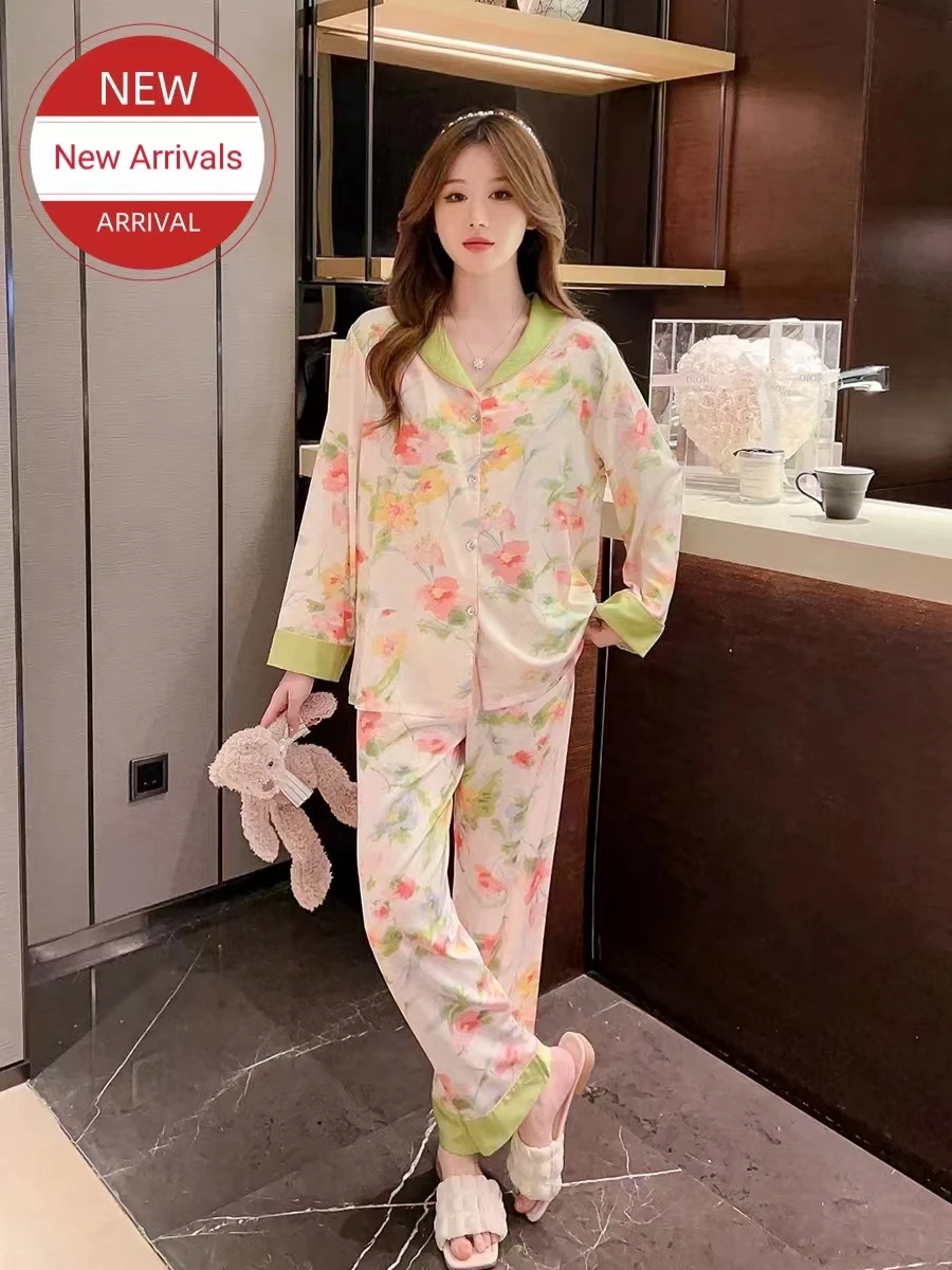 New Ladies Summer Silk Pajamas Female Spring And Autumn Thin Section Long-Sleeved Fashion Garden Lovely Sweet Wind Homewear Summ