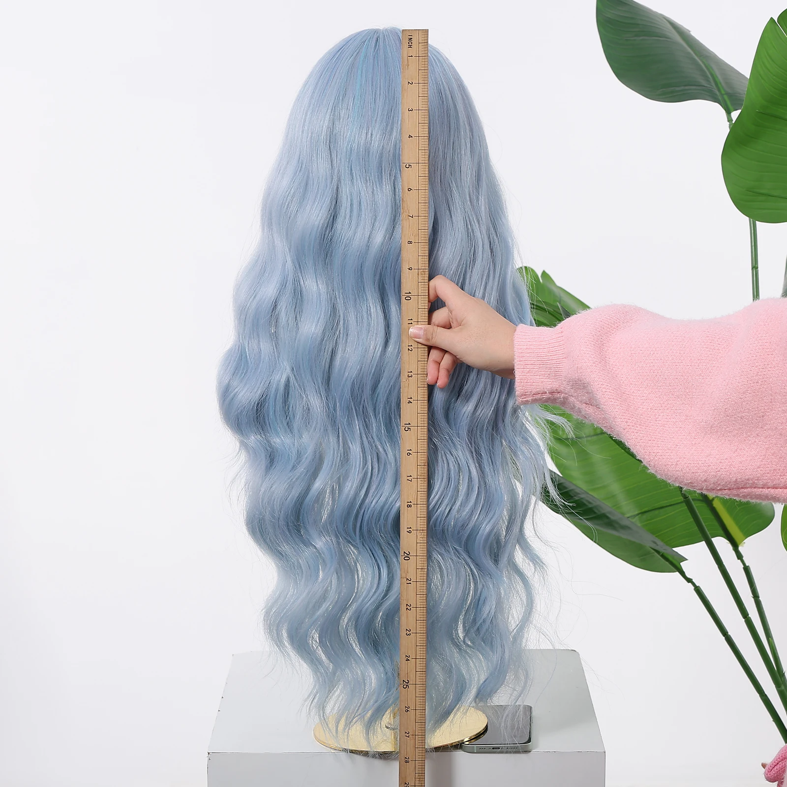 Allbell Magique Blue Hair Wig with Bangs Long Wavy Synthetic Wig Baby Blue Curly Wig for Women Daily Party Use Heat Resistant image 2