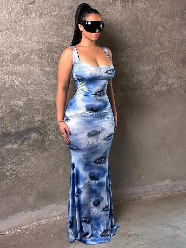Nibber مثير ماكسي فساتين امرأة عيون طباعة مثير منخفضة الرقبة الانقسام أكمام نحيل عالية الخصر رداء الساخن الفتيات موضة Vestidos #3