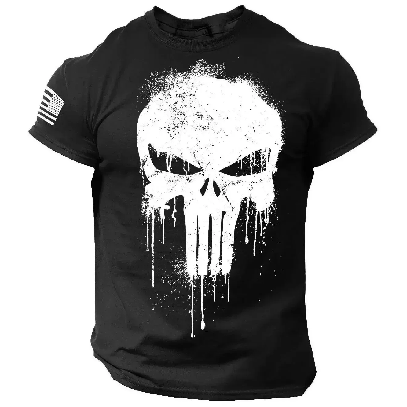 Summer Vintage Men's T Shirt Militar Skull Print Tees Casual Short Sleeve Pullover Oversized Man Clothing Outdoor O Neck T-Shirt