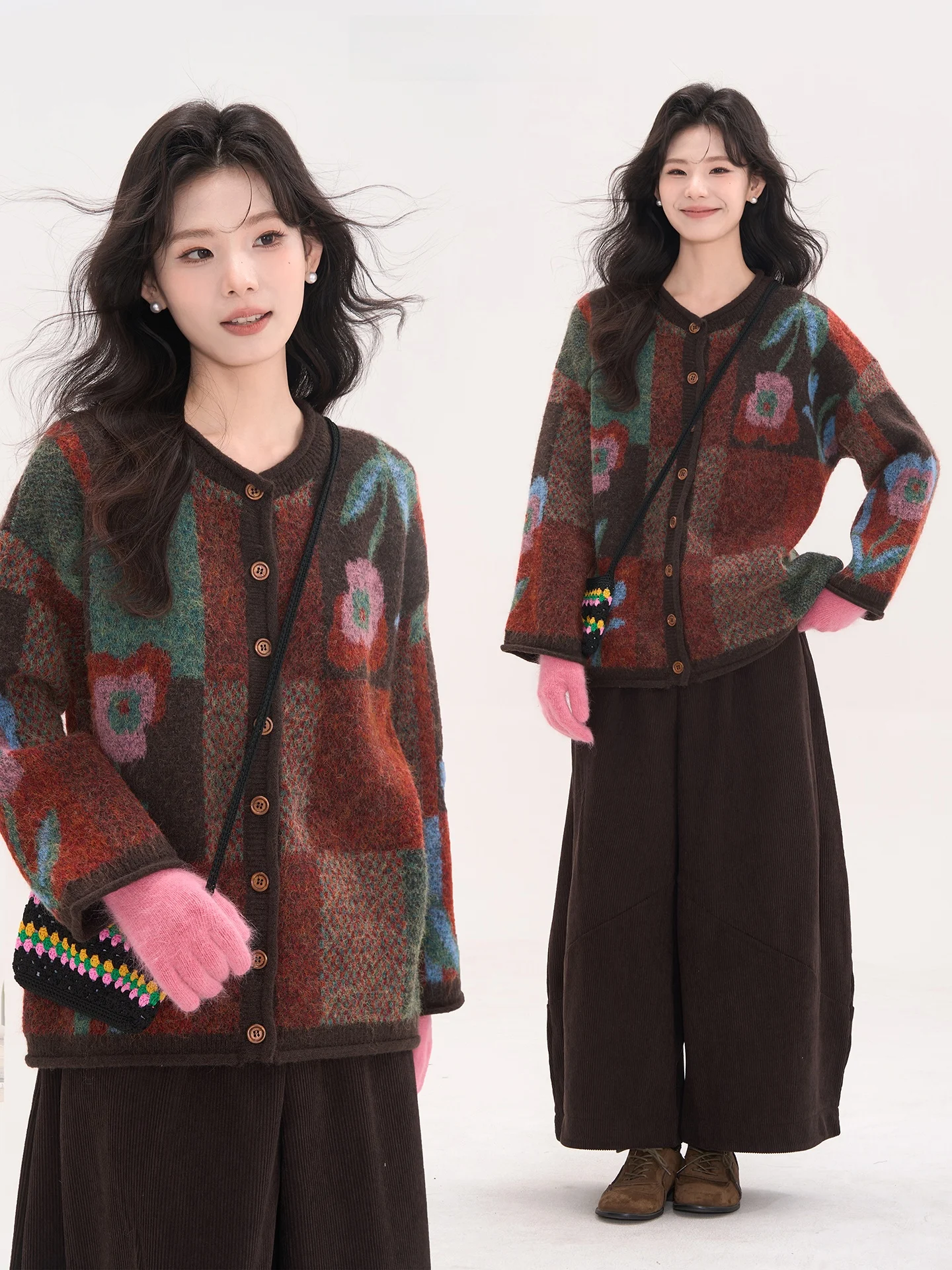 

Heme 5-шерстяной вязаный кардиган, женская осенне-зимняя верхняя одежда с большим цветочным узором, манжетами Sve Long Sve round ...