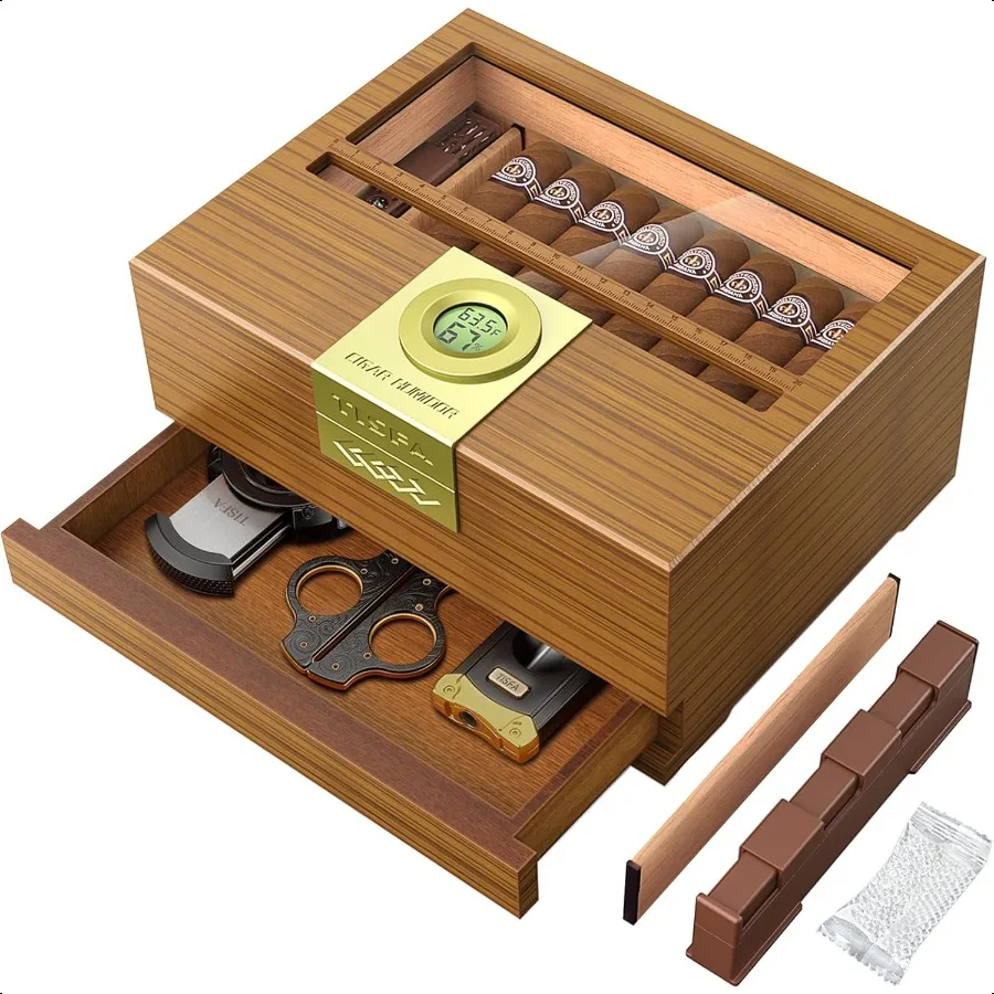 Scatola per sigari Umidificatore artigianale con igrometro e umidificatore Custodia per umidificatore in legno di cedro con divisore per cassetto Misuratore di lunghezza del sigaro D