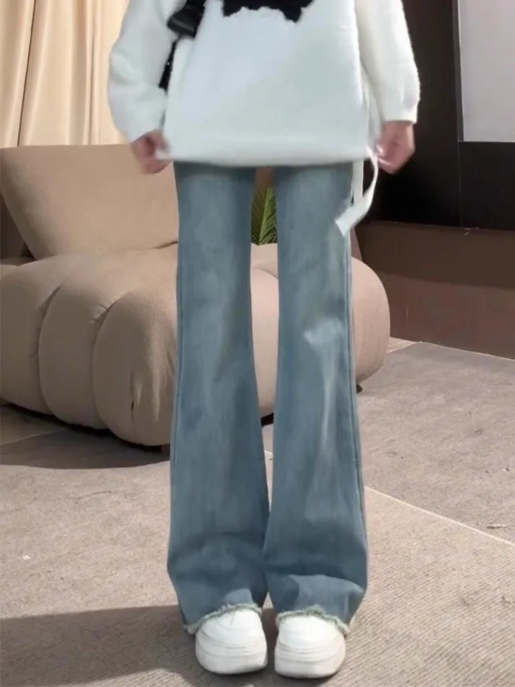 Jean en Denim taille haute pour femmes, pantalon Long extensible et délavé, résistant à l'usure, américain, effiloché aux genoux, été