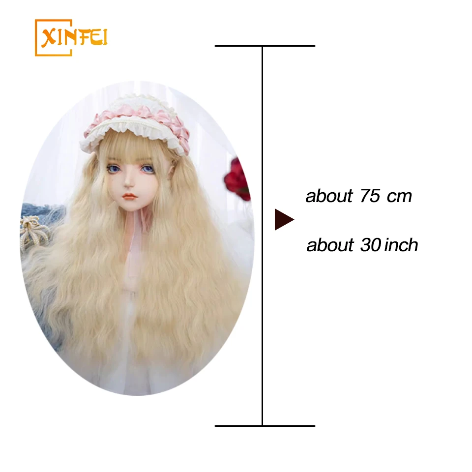 30 Inch Bright Blonde Color Lolita Synthetic Wigs with Bangs Long Natural Curly Hair Wig for Women Daily Cosplay Heat Resistant