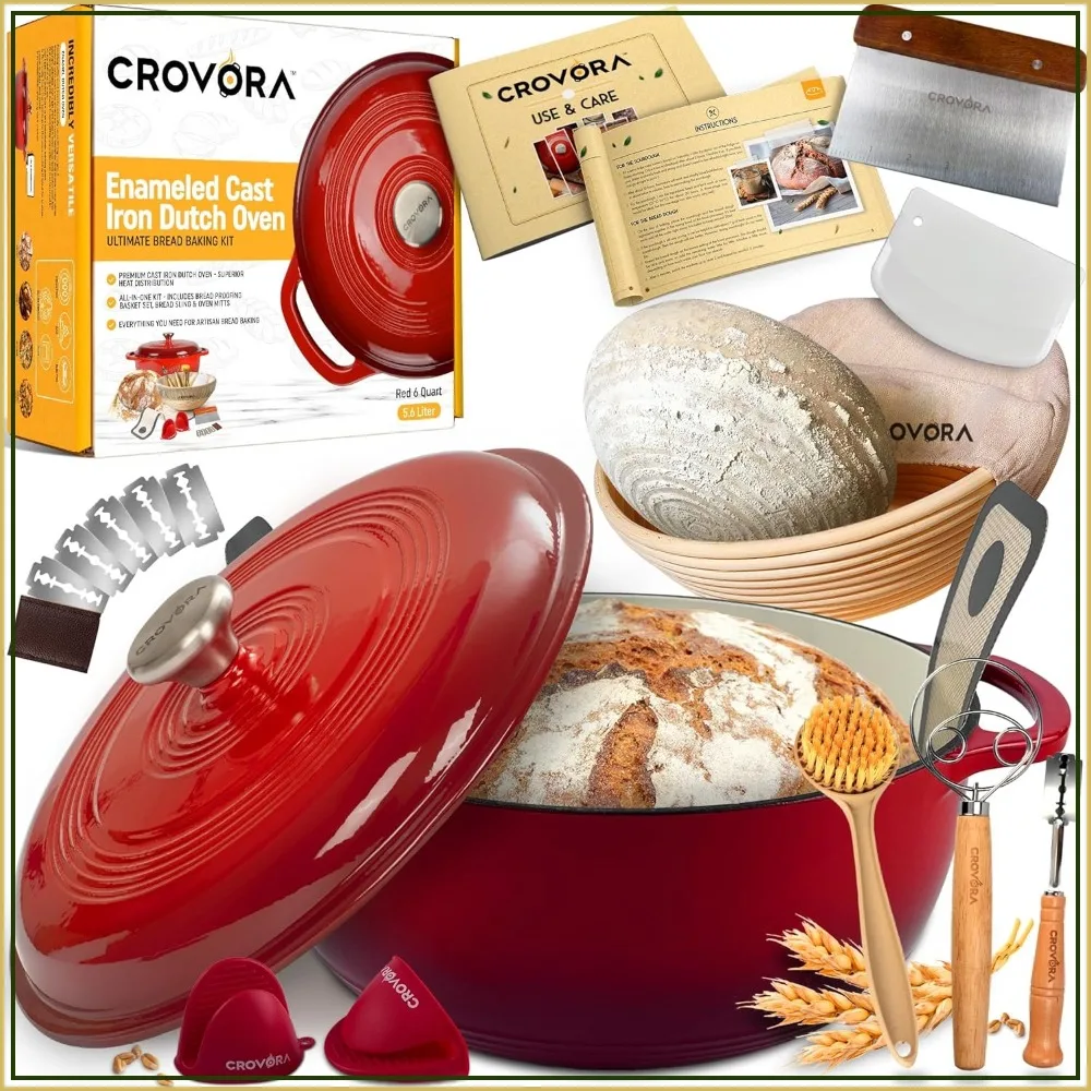 

6 QT Enameled Cast Iron Dutch Oven for Bread Baking with Lid - Includes Banneton Basket & Bread Making Tools