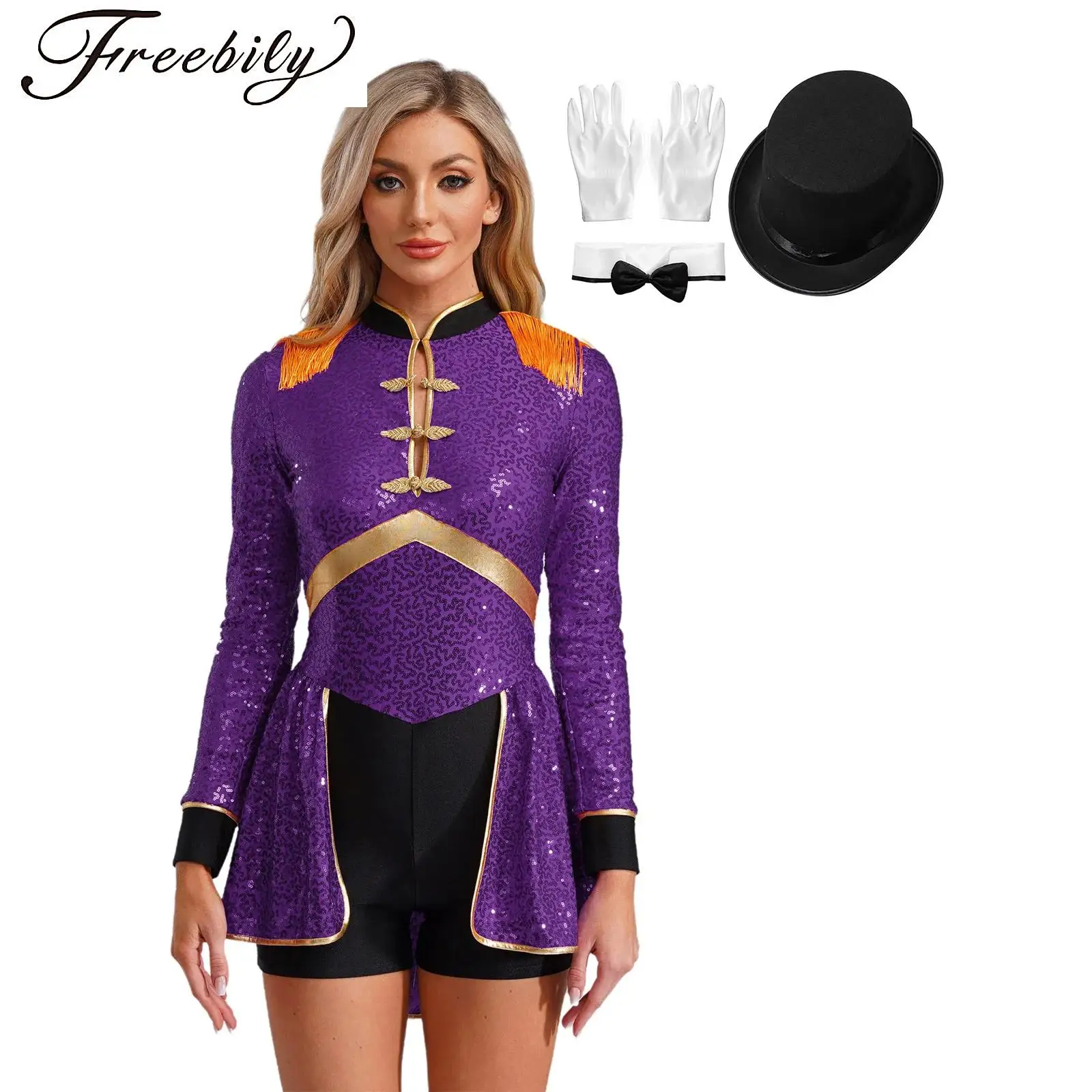 Women Halloween Cosplay Circus Ringmaster Costume Sequin Magician Bodysuit And Top Hat Fake Collar Gloves Master Lion Tamer Suit