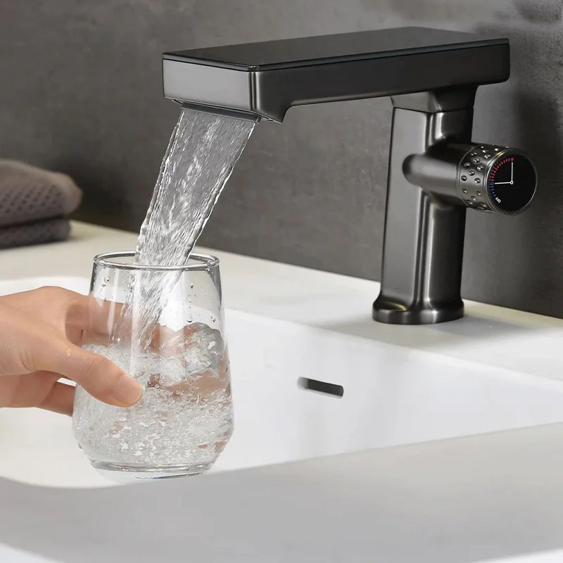 

Deck Mounted Bathroom Waterfall Sink Faucet Single Handle Cold and Hot Mixer Taps One Hole Lavatoey Vanity Sink Faucet Gray