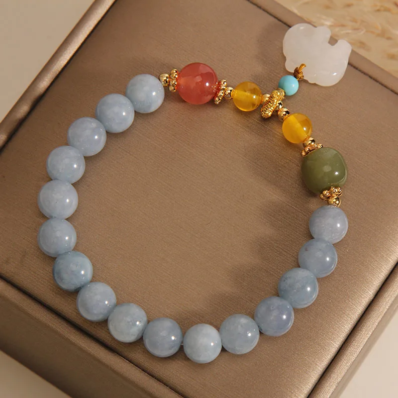 

Natural aquamarine for women, niche original design, Hetian jade crystal bracelet with auspicious elephant pendant