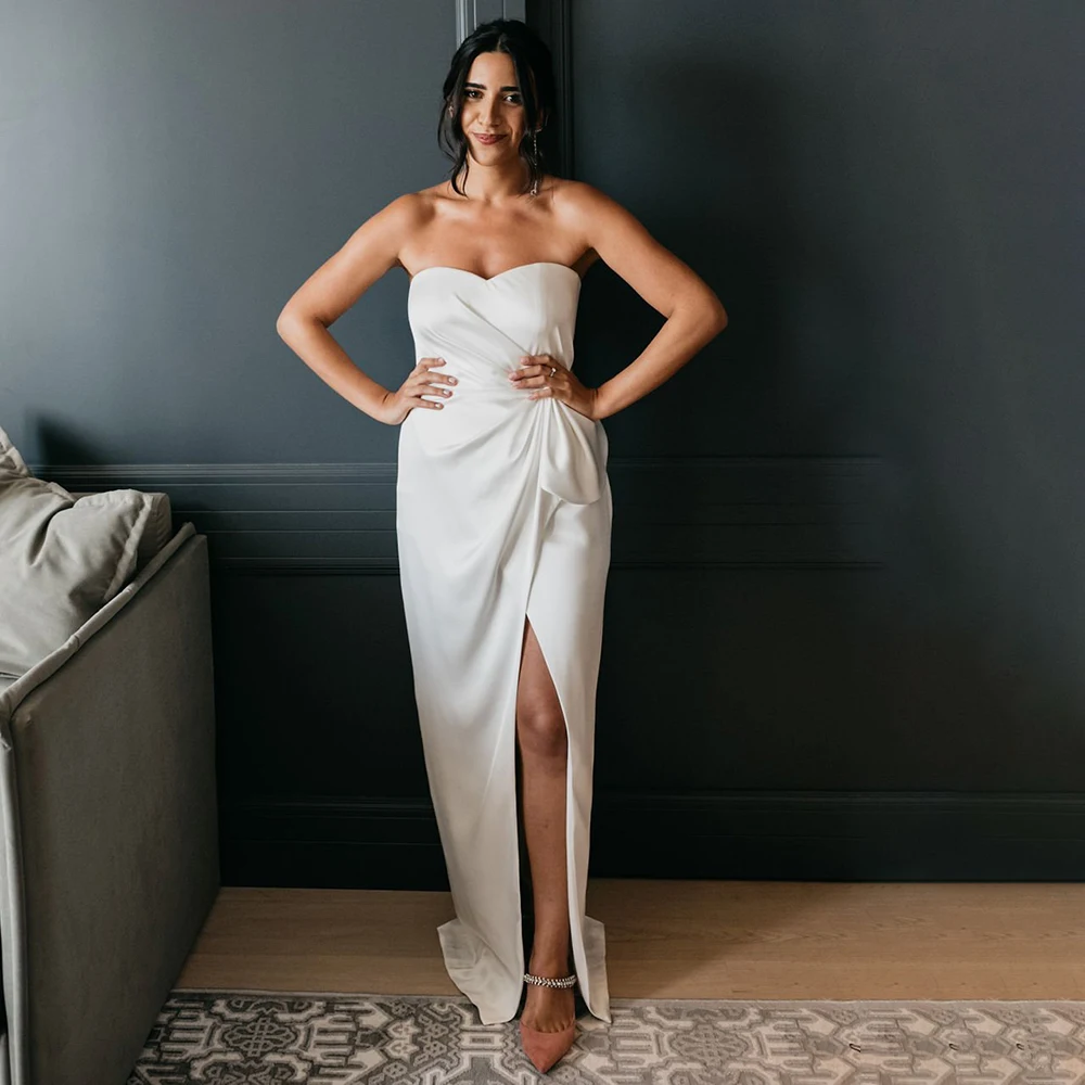 Vestido de novia Sexy sin tirantes crepé, prenda de vestir de talla grande elástica con abertura alta, lazo de satén fruncido, minivestido de novia Maxi elegante