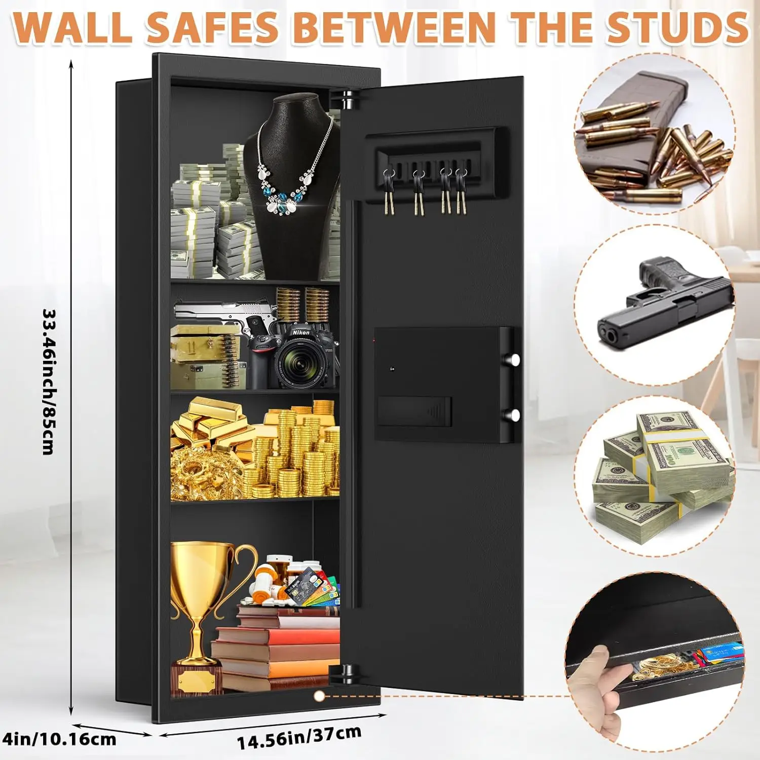 33.46" Tall Sturdy Wall Safes Between the Studs 16" Centers, Fireproof in Wall Safe with Removable Shelf, Combination Lock Hidde