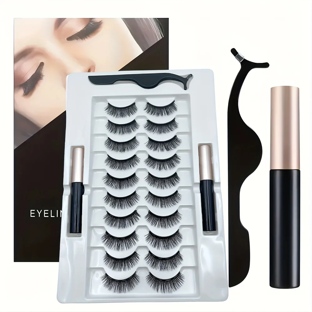 10Pairs Magnetic Lashes And Eyeliner Set Party Makeup Extension No Glue Required with Two Liquid Magnetic Eyeliners And Tweezers
