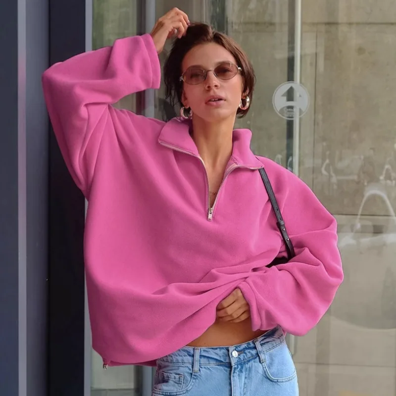 Rose Pink Winter Lamb Fleece Hoodie Sweatshirt  Women Loose Thick Zipper Long Sleeve Lapel Pullover Tops Lady Hoodies Streetwear