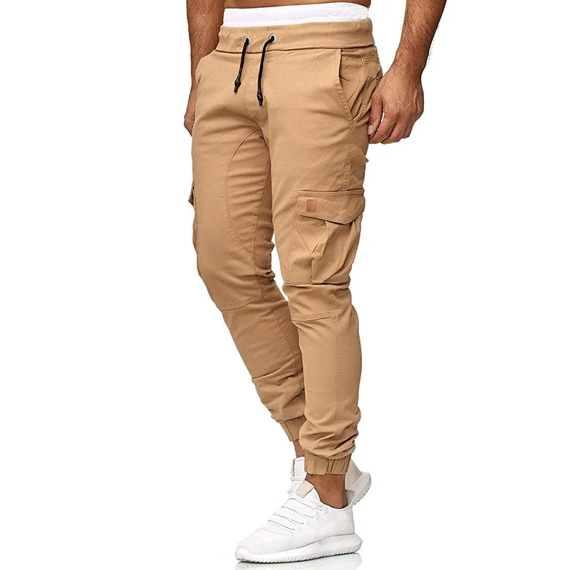 New Men's Multi-Pocket Tooling Casual Pants Tethered Slim Tie Pants