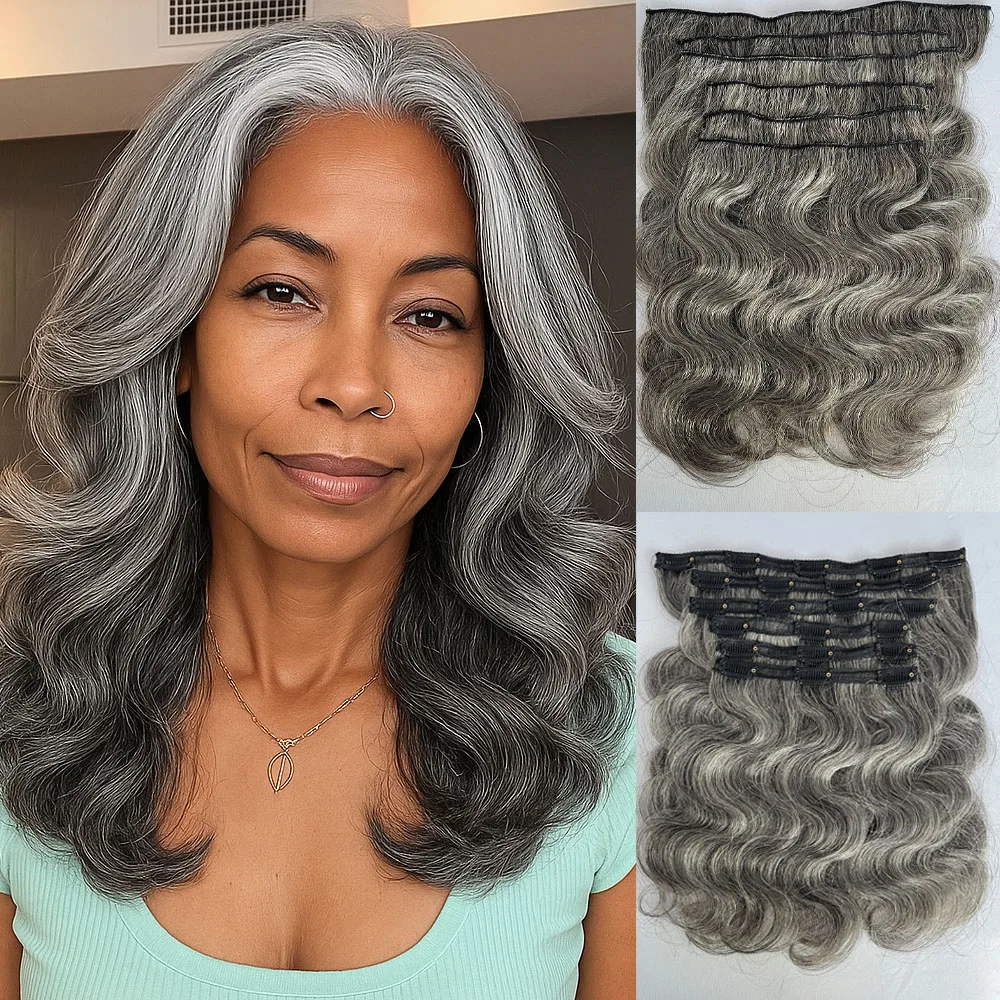 Extensiones de cabello SoulLady con clip de sal y pimienta, cabello humano Real, extensiones de cabello humano virgen brasileño, 6 unidades/juego para personas mayores