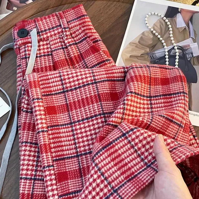 Hikigawa 2025 Spring Plaid High Waist Women Pants Chic Fashion Harajuku Drawstring Wide Leg Trousers Loose Vintage Pantalones