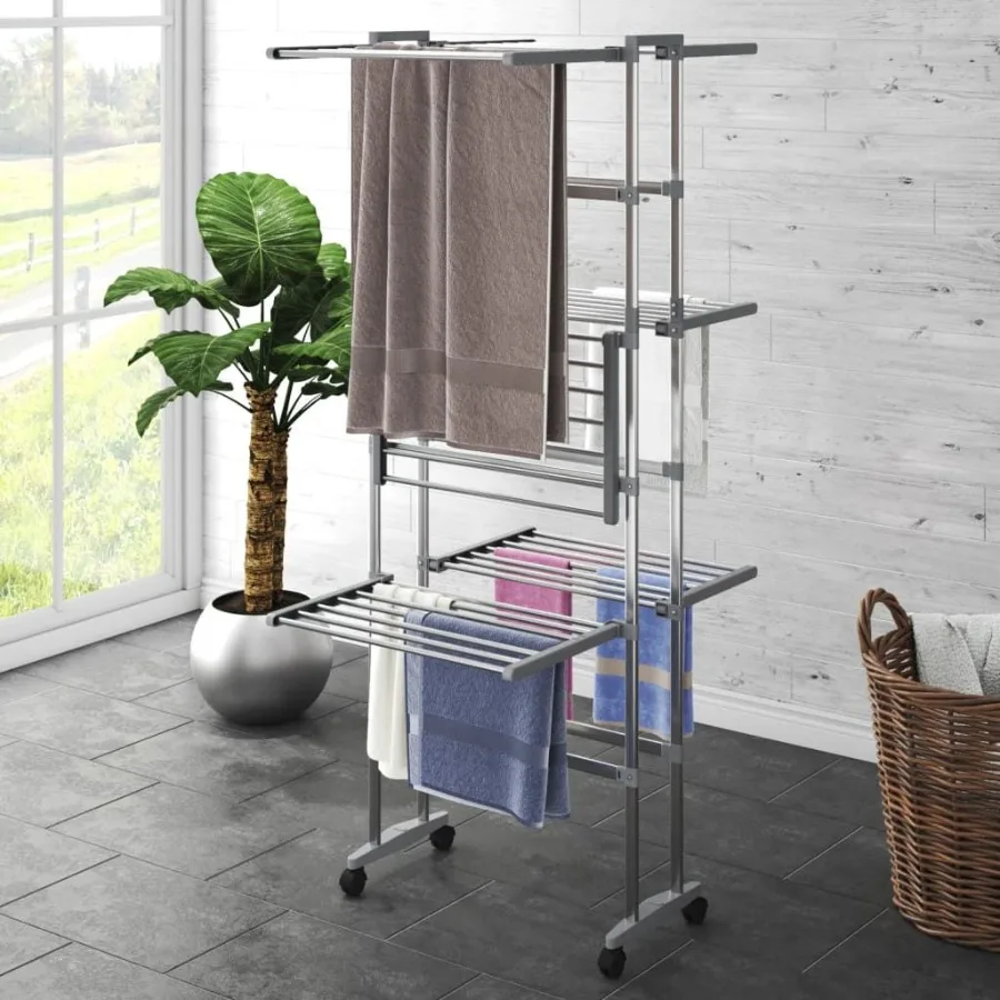 

3Tier Laundry Drying Rack with Wheels Silver 23.6x27.6x50.8